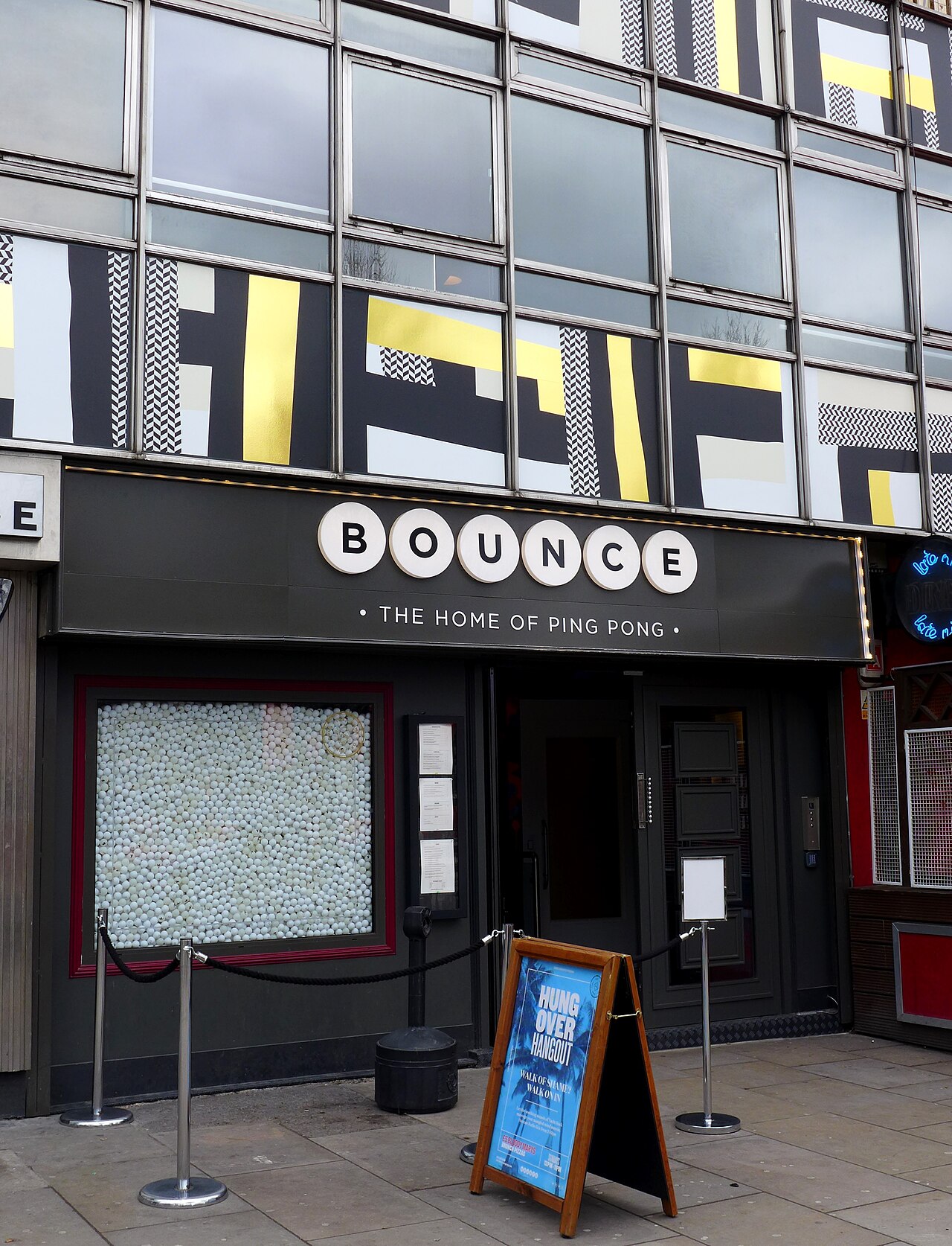 The Bounce ping pong venue frontage with its wall of ping pong balls